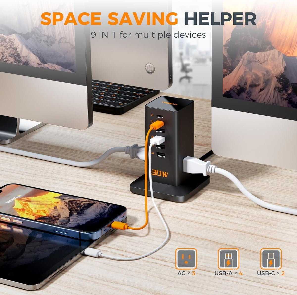 Charging Station, TESSAN 65W Max GaN USB C Charger Block, 6-Ports and 3 AC Outlets Power Tower, Fast Charging for Multiple Devices, Compatible with iPhone, Samsung and More - PuriLite