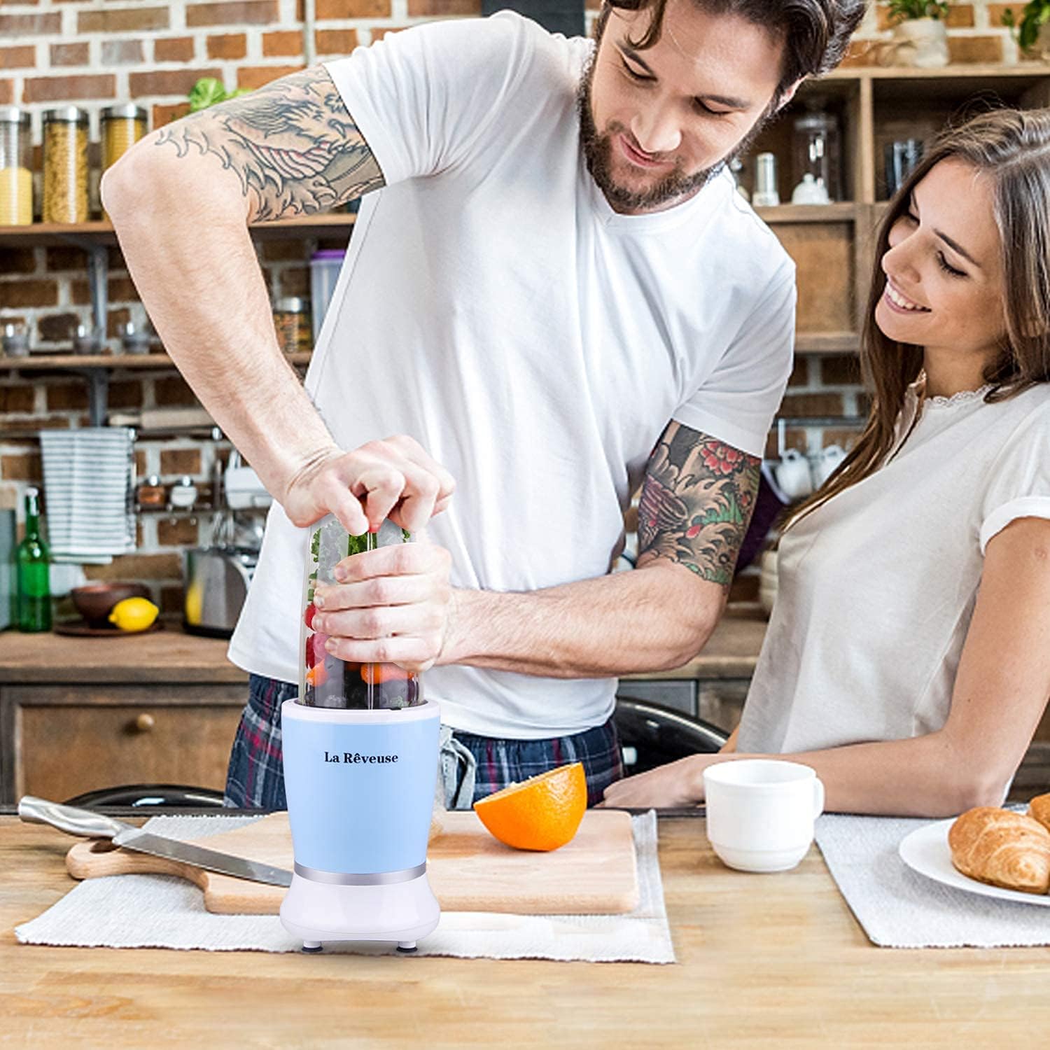 La Reveuse Personal Size Blender 250 Watts Power for Shakes Smoothies Seasonings Sauces with 1 Piece 15 oz Cup,1 Piece 10 oz Mug,BPA Free (Black) - PuriLite
