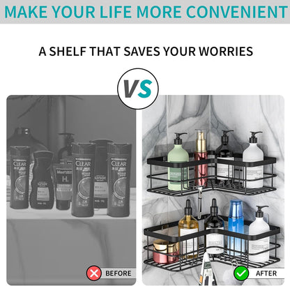 Yazoni Corner Shower Caddy, Adhesive Shower Shelves No Drilling [2-Pack], Rustproof Stainless Steel Bathroom Shower Organizer Wall Mounted with 8 Hooks (Black) - PuriLite