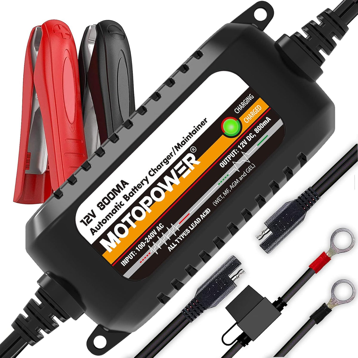 MOTOPOWER MP00205A 12V 800mA Fully Automatic Battery Charger/Maintainer - PuriLite