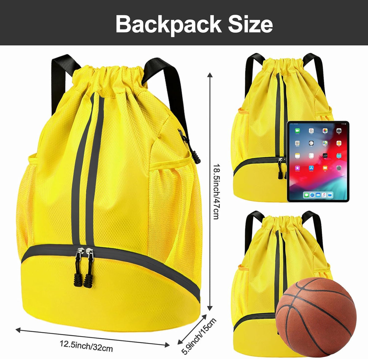 Hoedia Sports Drawstring Backpack - String Swim Gym Bag with Shoes Compartment and Wet Proof Pocket for Women/Men - PuriLite