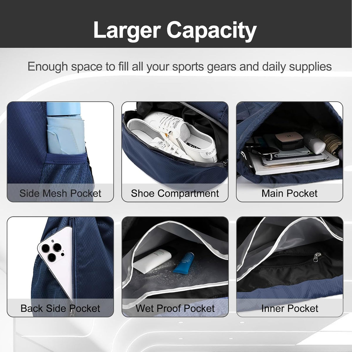 Hoedia Sports Drawstring Backpack - String Swim Gym Bag with Shoes Compartment and Wet Proof Pocket for Women/Men - PuriLite