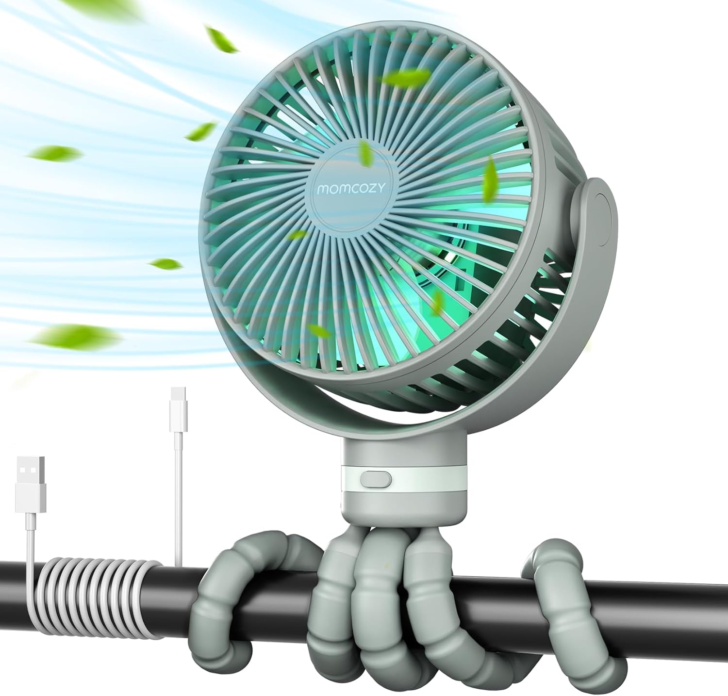 Momcozy Portable Stroller Fan, 27H Ultra-long Battery Life, Detachable 4 Speed 360°Rotate, LED Night Light with 2 Modes, USB Rechargeable and Handheld Cooling Fan for Travel, Car Seat - PuriLite