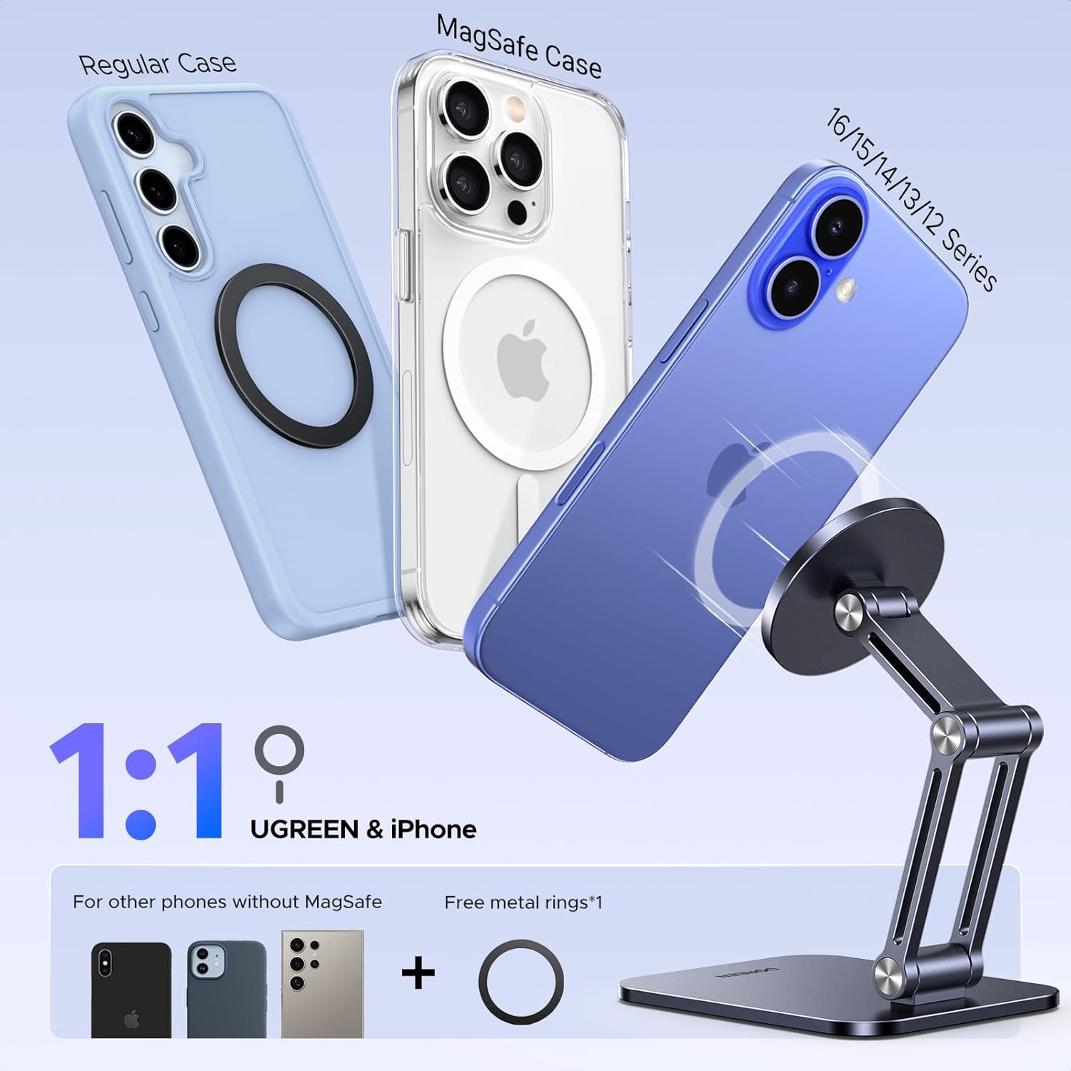 UGREEN Magnetic Phone Stand Compatible with MagSafe, Angle Adjustable Aluminum Holder for Desk, Thick Base Compatible for iPhone 16 15 14 13 12 Pro - PuriLite