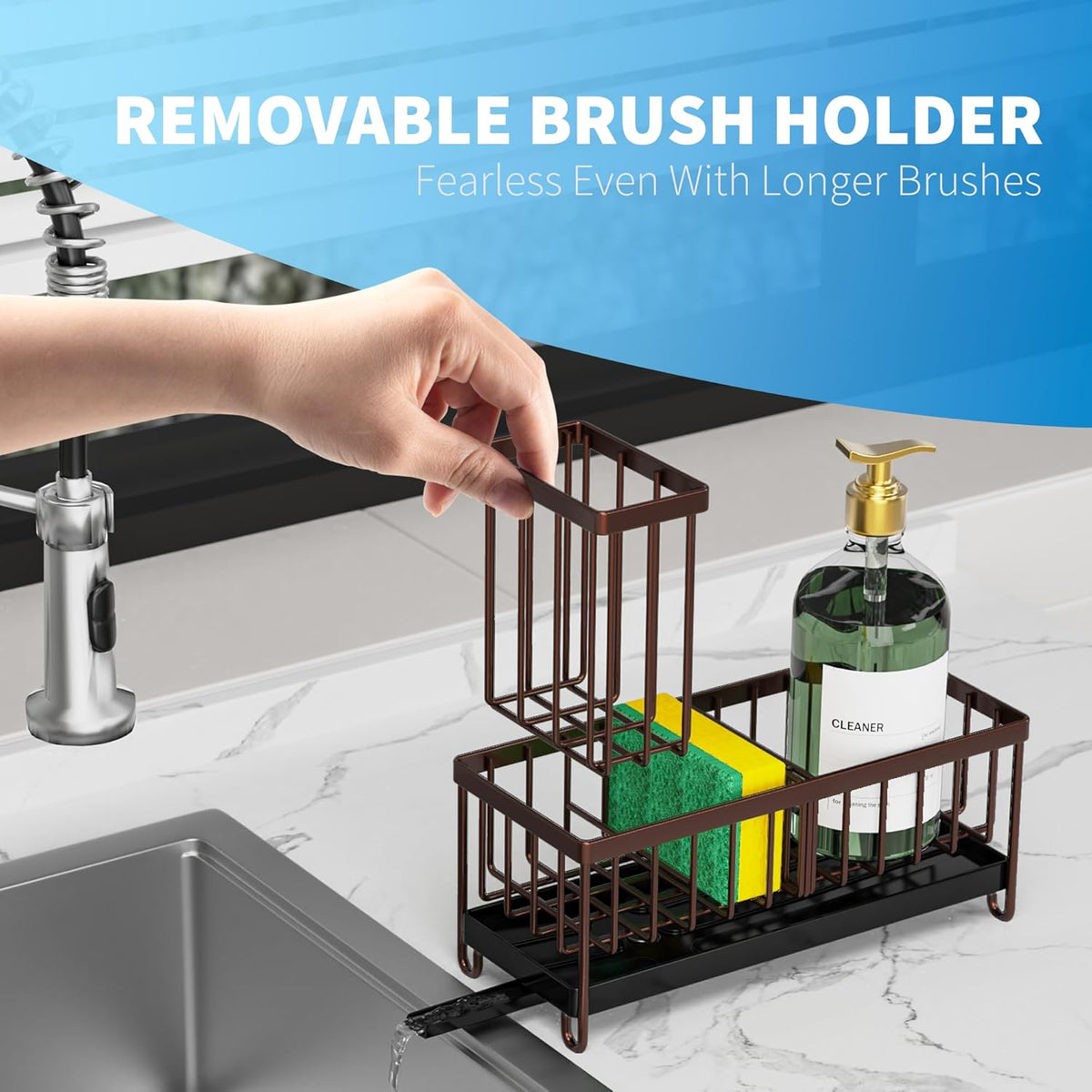 Cisily Sponge Holder for Kitchen Sink, Sink Caddy with High Brush Holder, Organzier Rustproof 304 Stainless Steel Dish Organizer Divider, Soap Dispenser Storage (Black) - PuriLite