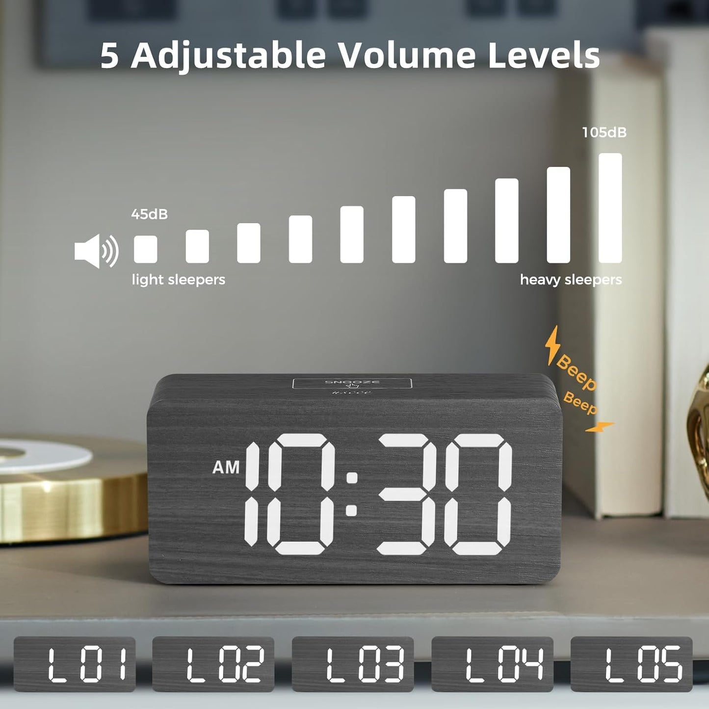 Purilite Select Wooden Digital Alarm Clock with Large LED Display - PuriLite