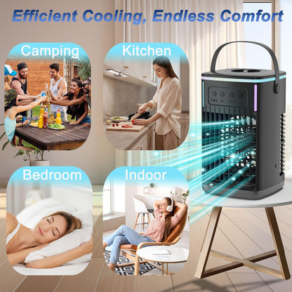 Portable Air Conditioners Fan with Remote, 4-in-1 Portable AC with 1500ml Water Tank, 3 Wind Speeds, 6H Timer, 2 Cool Mist, 7 Lights, Personal Mini Air Conditioner for Room Bedroom Office (Black) - PuriLite