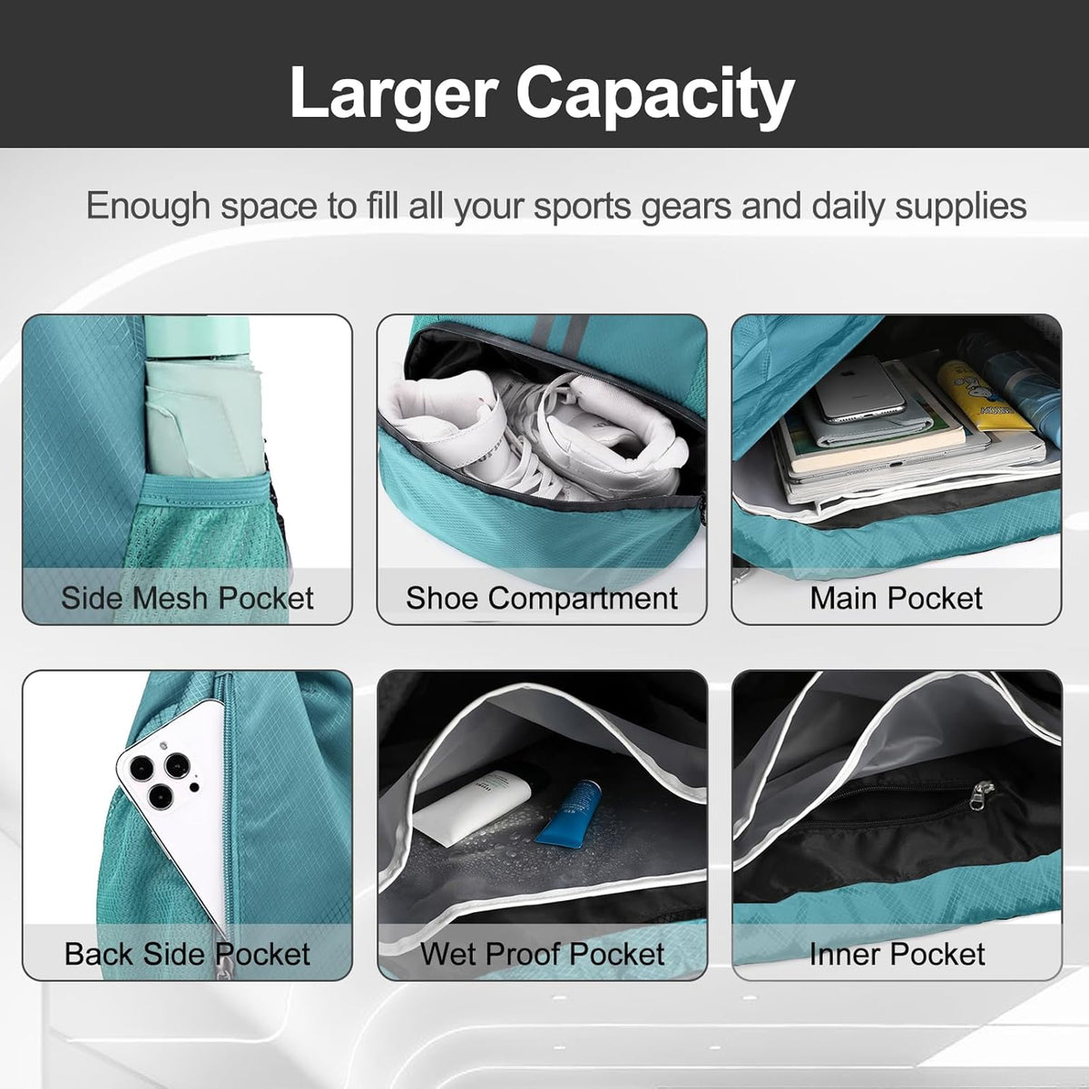 Hoedia Sports Drawstring Backpack - String Swim Gym Bag with Shoes Compartment and Wet Proof Pocket for Women/Men - PuriLite