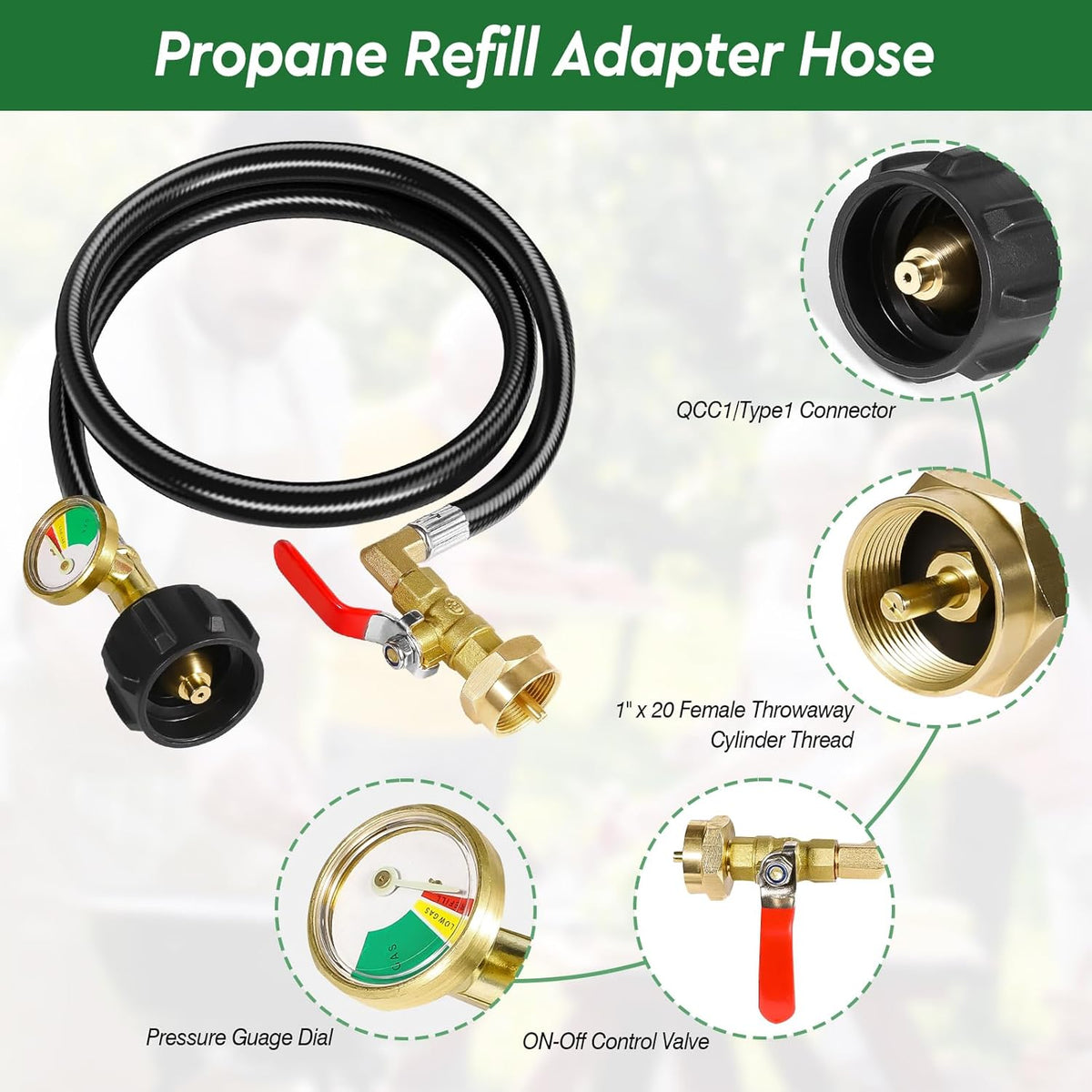 Propane Refill Adapter 20lb to 1lb Camping - 3FT/36inch Stainless Steel Hose with Gauge and ON-Off Control Valve - Fits QCC1 / Type1 Tank, 2 Caps Included - PuriLite
