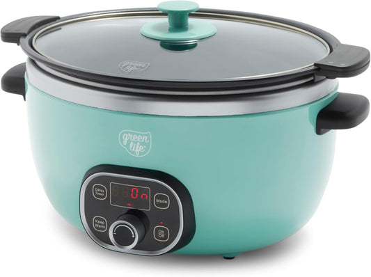 GreenLife 6QT Ceramic Slow Cooker, PFAS-Free, Programmable, Removable Healthy Nonstick Pot for Family Meals, Sear on Stovetop, Keep Warm, Digital Timer, Dishwasher Safe Glass Lid, Turquoise - PuriLite