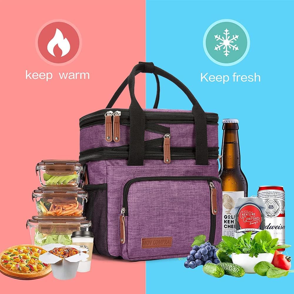 Lunch Bag Women Insulated Lunch Box for Work, Purple Expandable Large Lunch Bags, Leakproof Double Deck Lunch Box Cooler Bag（Purple） - PuriLite