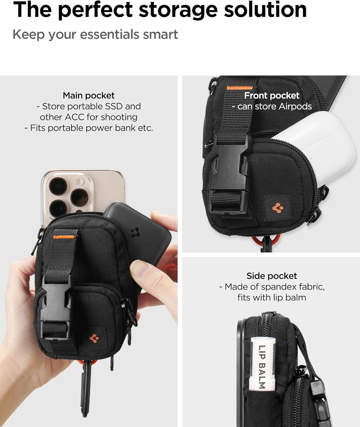 Spigen Snap Zip (MagFit) Magnetic Pouch Organizer EDC Everyday Carry SSD Card Storage Holder Wallet Belt, Backpack Clip Designed for MagSafe Compatible with iPhone 16/15/14/13/12 Models - Black - PuriLite