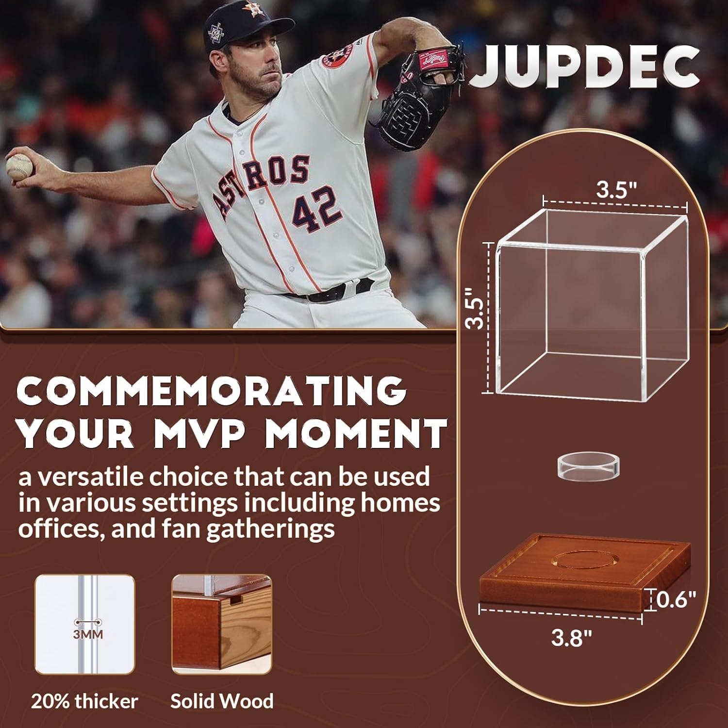 JupDec Baseball Display Case, Clear Cube Baseball Holder with Wooden Base, Autograph Baseball Stand Box for Single Ball, Acacia Wood, Brown, 1 Pack - PuriLite