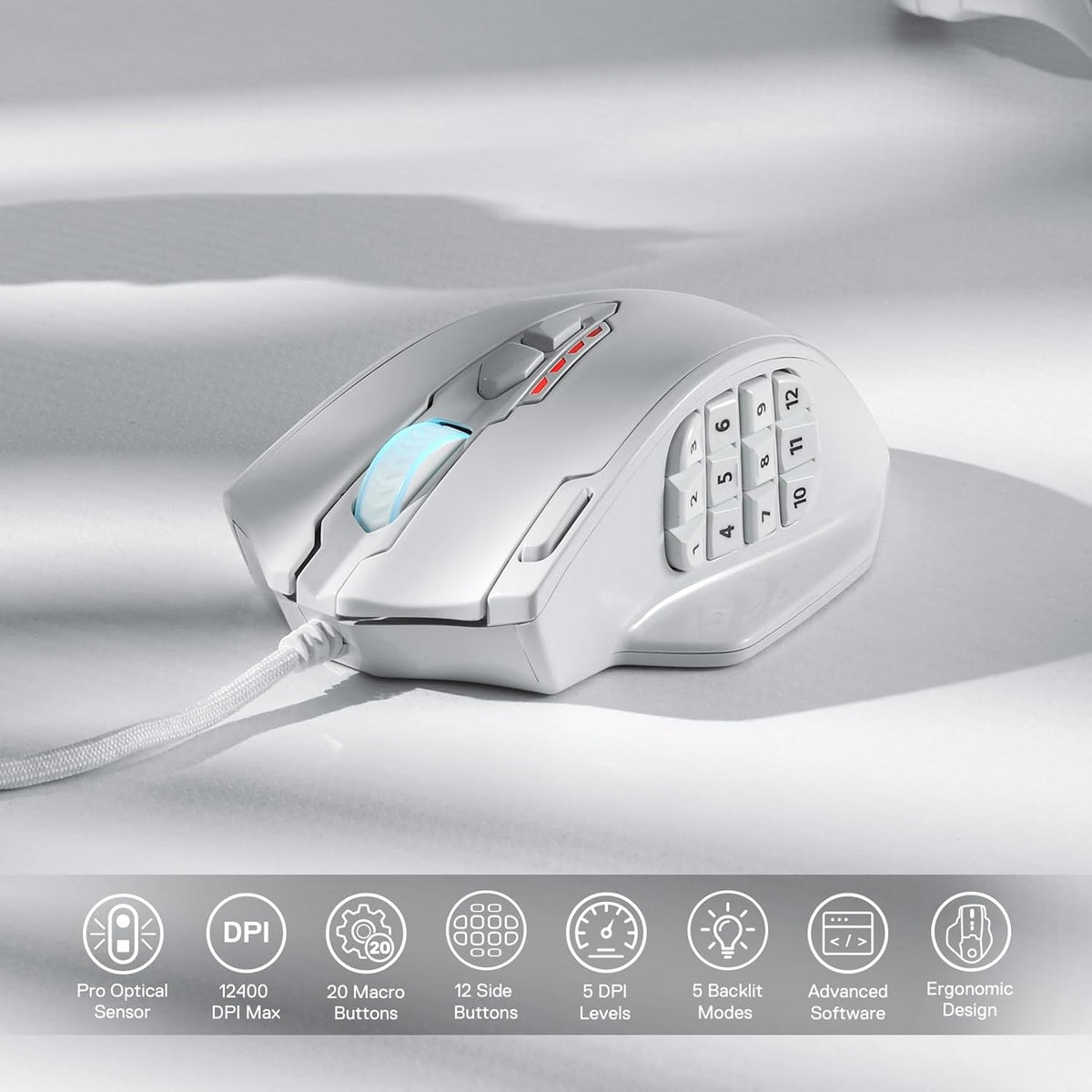 Redragon M913 Impact Elite Wireless Gaming Mouse, 16,000 DPI Wired/Wireless RGB Mouse with 16 Programmable Buttons, 45 Hr Battery and Pro Optical Sensor, 12 Side Buttons MMO Mouse - PuriLite
