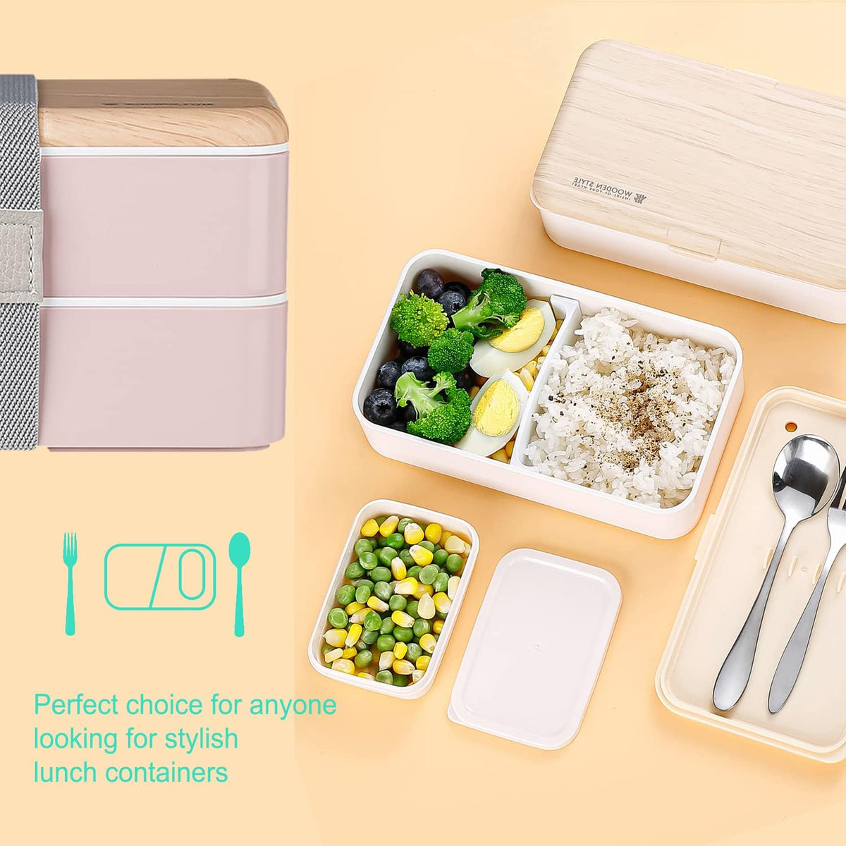 Original Bento Box Lunch Boxes Container Bundle Divider Japanese Style with Stainless Steel Utensils Spoon and Fork (Pink) - PuriLite