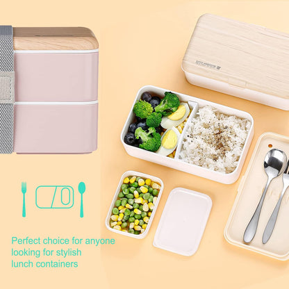 Original Bento Box Lunch Boxes Container Bundle Divider Japanese Style with Stainless Steel Utensils Spoon and Fork (Pink) - PuriLite