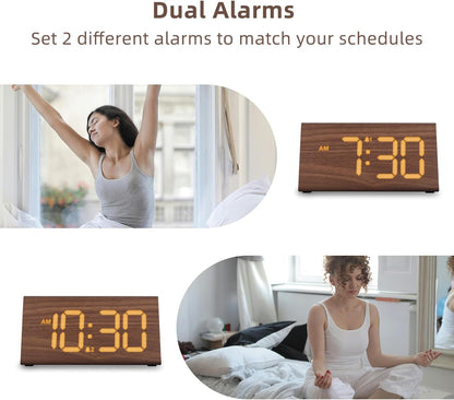 Odokee Wooden Digital Alarm Clock for Bedroom: Electric Desk Clock with Large LED Display - Brown - PuriLite