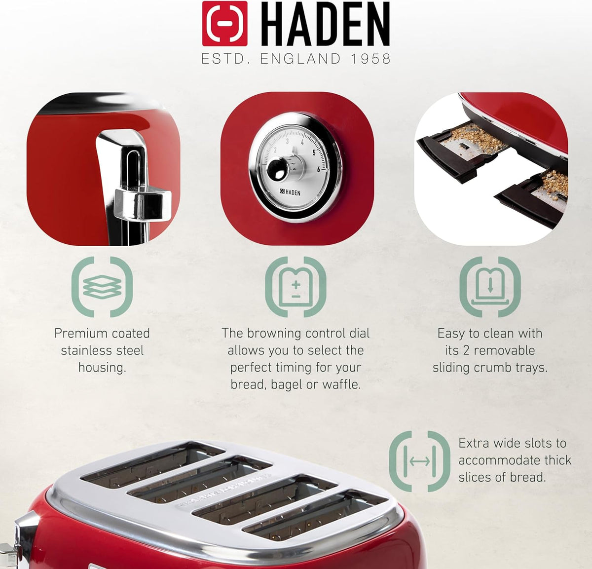 Haden Dorset 75083 Stainless Steel 1500W Retro Toaster 4 Slice Wide Slot w/Removable Crumb Tray and Settings, Black/Copper Toasters w/Adjustable Browning Control, Smart Toaster - PuriLite