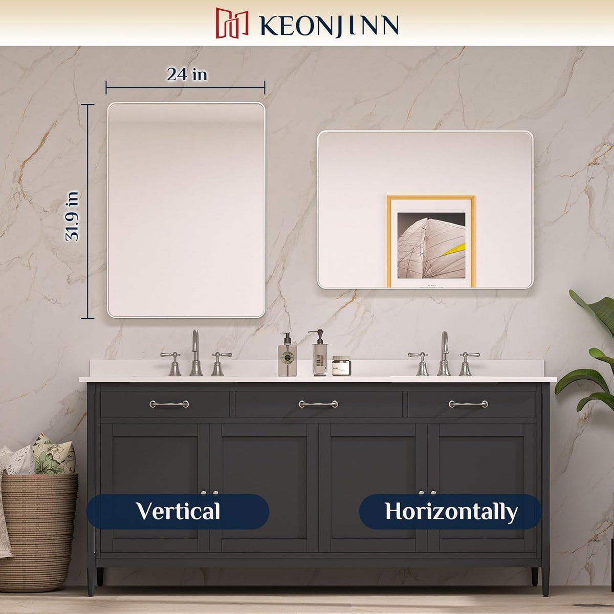 Keonjinn 42 x 36 Brushed Nickel Bathroom Vanity Mirror, Large Rounded Rectangle Bathroom Mirrors for over Sink, Metal Framed Silver Mirror for Wall, Shatterproof HD Tempered Glass(Horizontal/Vertical) - PuriLite