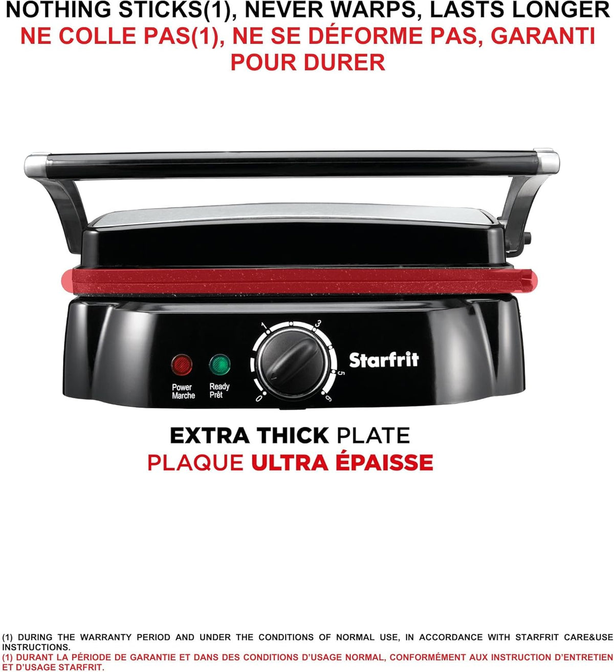 Starfrit The Rock Panini Press - Rock.Tec Non-Stick Reversible Plate - Opens 180 Degrees - Adjustable Temperate Control - PuriLite