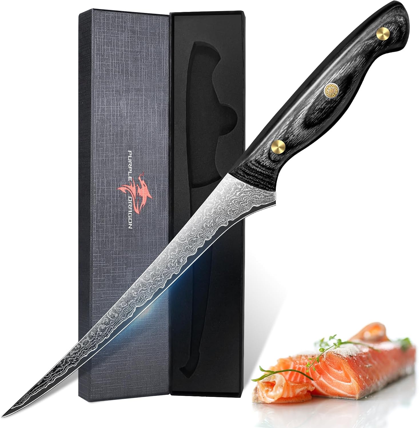 Purple Dragon Damascus Fish Fillet Knife - 7 inch Flexible Boning Knife with VG10 Core, Kitchen Slicing Knife with Full Tang Handle, Birthday Dad Mom Gift - PuriLite