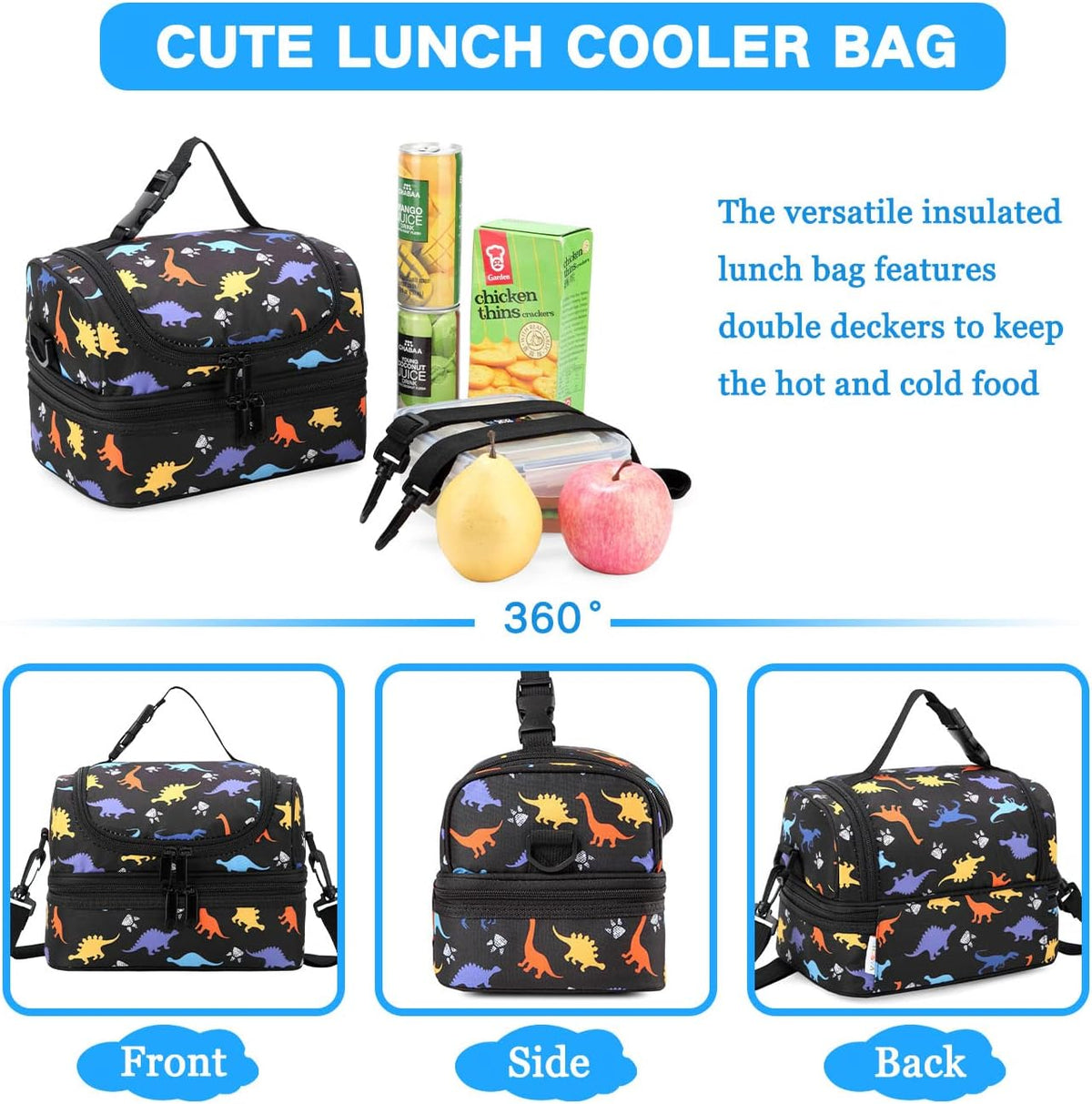 VASCHY Lunch Box Bag Men, Insulated Two Compartments Bento Cooler Bags for Adults/Women/Kids for School,Daycare,Kindergarten,Picnic Black - PuriLite