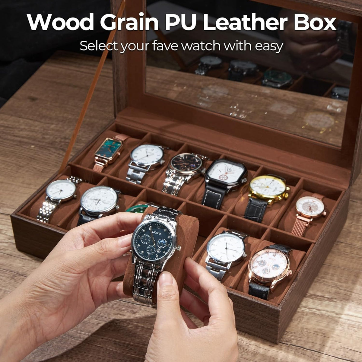 Ohuhu Watch Box Organizer for Men -12 Slot Leather Watch Case with Real Glass Lid Watch Display Case, Watch Organizer Jewelry Storage Box - PuriLite