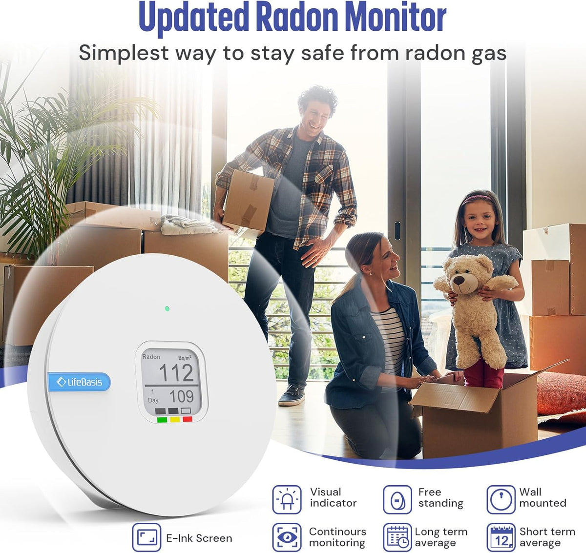 Life Basis Radon Detector for Home, Portable Radon Tester with Ink Screen Short & Long Term Radon Monitoring No Lab Fees Battery Operated, Canadian Version Bq/m3 & pCi/L Selectable, White - PuriLite