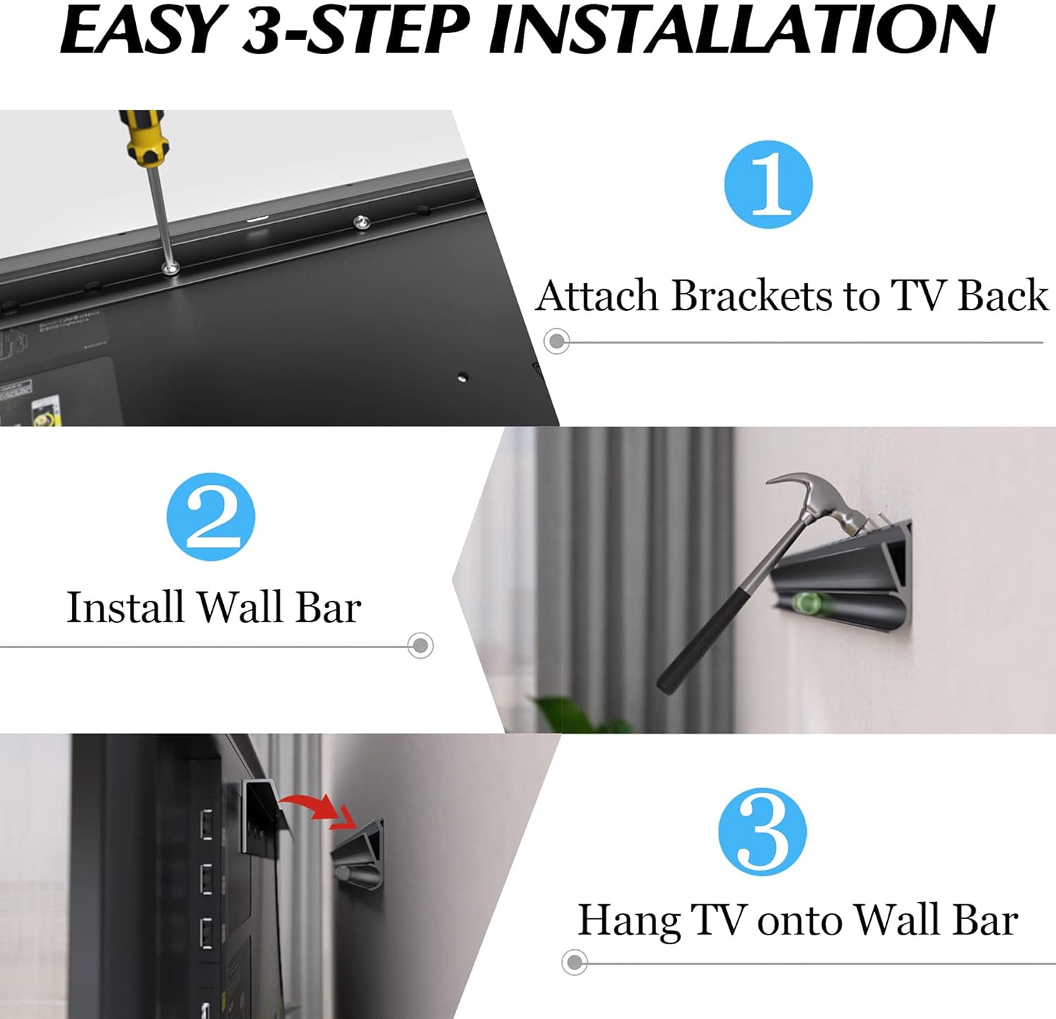 No Stud TV Wall Mount, Drywall Studless TV Hanger No Damage, No Drill, Non Screws, Flat Screen Easy Install Bar Bracket fits VESA 12-55 inch TVs up to 99 lbs, Include Hardware Levels - PuriLite