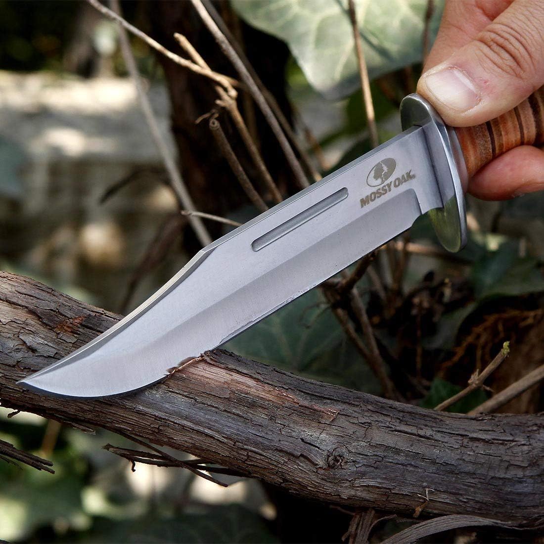 Mossy Oak 2-Piece Bowie Knife, Fixed Blade Hunting Buck Knife Set Leather Handle with Sheath - PuriLite