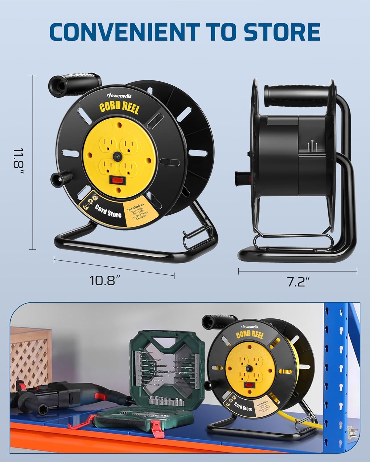 DEWENWILS Extension Cord Storage Reel with 4-Grounded Outlets, Heavy Duty Open Cord Reel for 12/3,14/3,16/3 Gauge Power Cord, Hand Wind Retractable, 10A Circuit Breaker, Rocker Power Switch - PuriLite