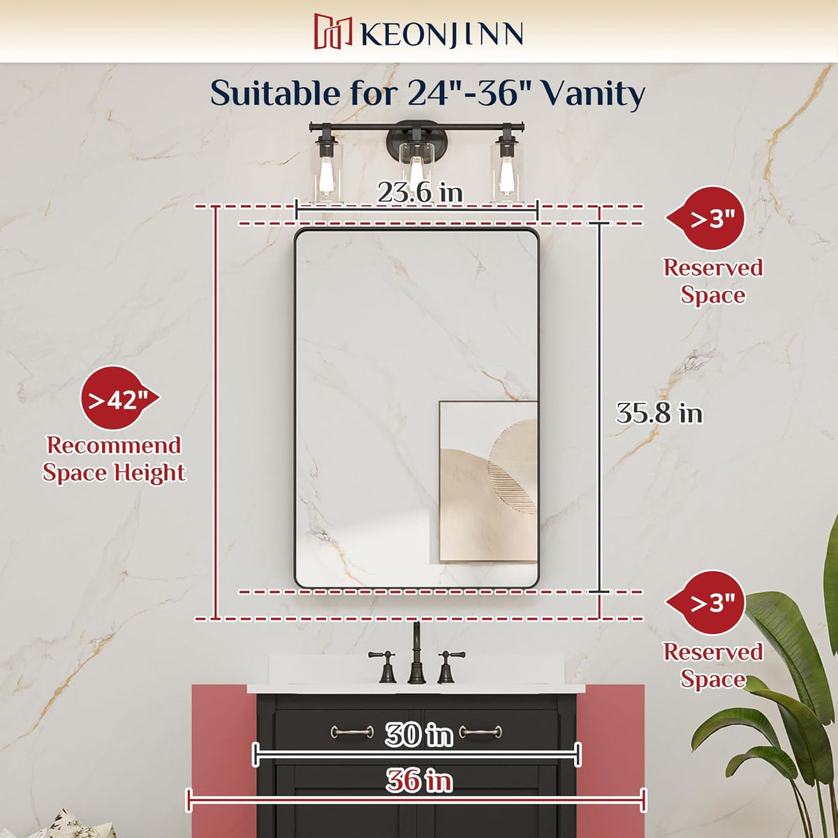 Keonjinn 42 x 36 Brushed Nickel Bathroom Vanity Mirror, Large Rounded Rectangle Bathroom Mirrors for over Sink, Metal Framed Silver Mirror for Wall, Shatterproof HD Tempered Glass(Horizontal/Vertical) - PuriLite
