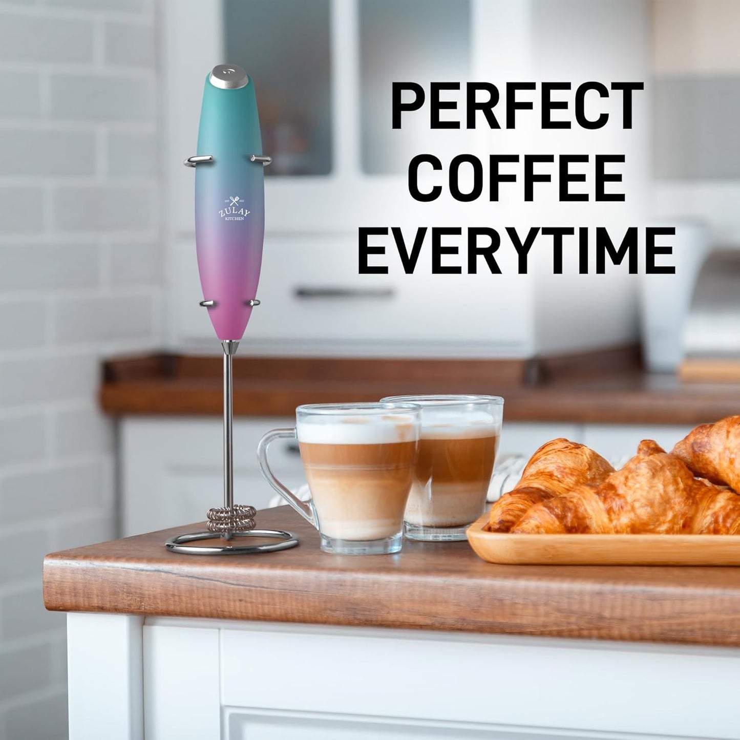Zulay Kitchen Powerful Double Whisk Milk Frother Handheld - Foam Maker with Stand - Whisk Drink Mixer for Coffee, Mini Foamer for Latte, Matcha, Frappe, Hot Chocolate & Cappuccino (Black) - PuriLite