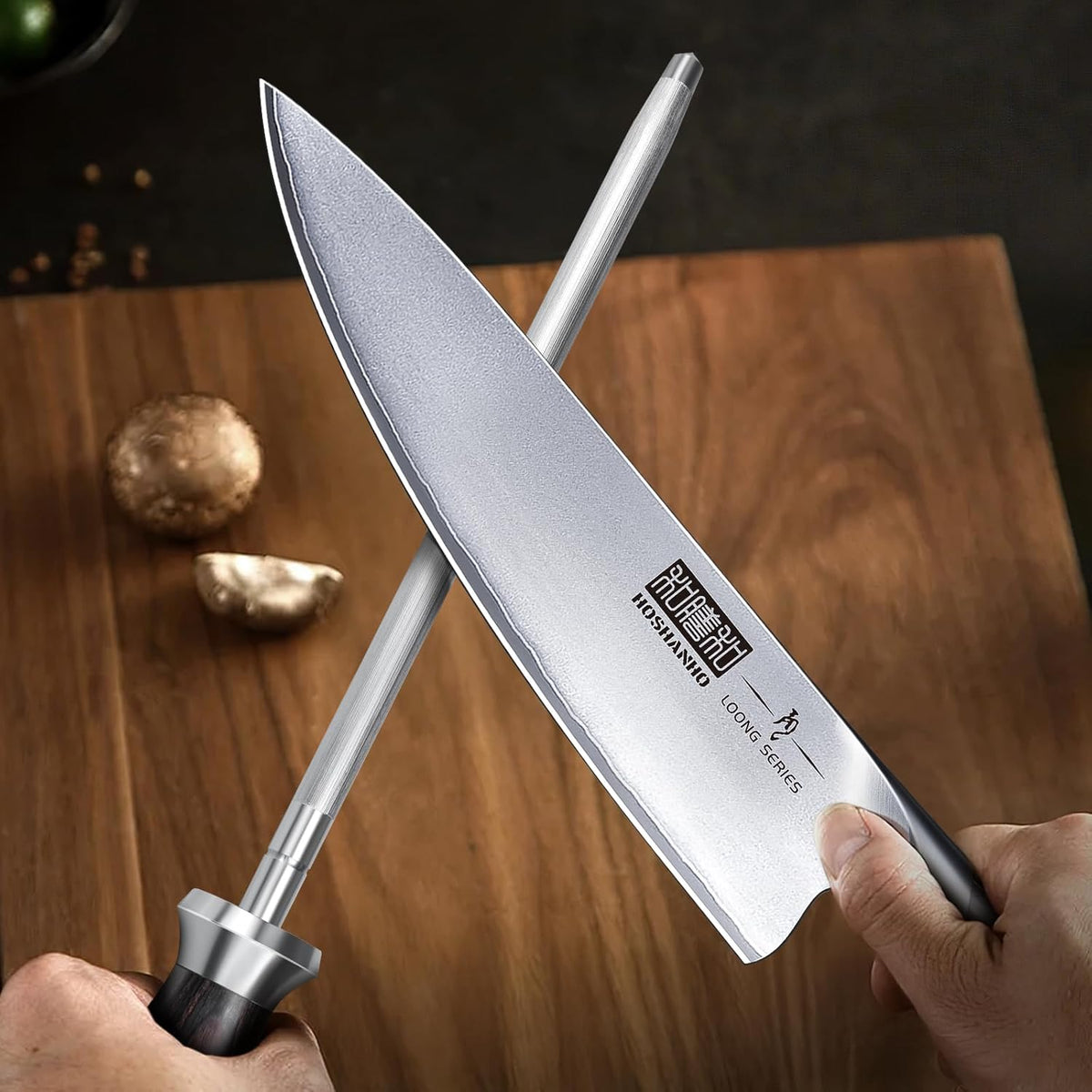 HOSHANHO Honing Rod,10 Inch Professional Kitchen Knife Sharpener Rod, Japanese High Carbon Knife Sharpening Steel with Ergonomic Pakkawood Handle, Ideal for All Chef Knives - PuriLite