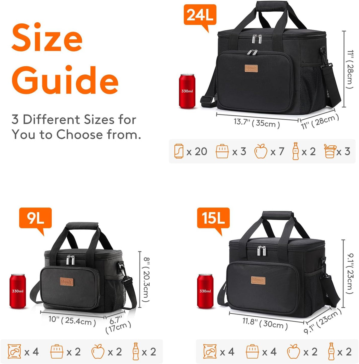 Lifewit Large Lunch Bag for Adults, 24-Can 15L Insulated Lunch Box Leakproof Soft Cooler Cooling Tote for Men Women, Waterproof Reusable Cooler Bags for Work Office Outdoor Picnic Camping, Black - PuriLite