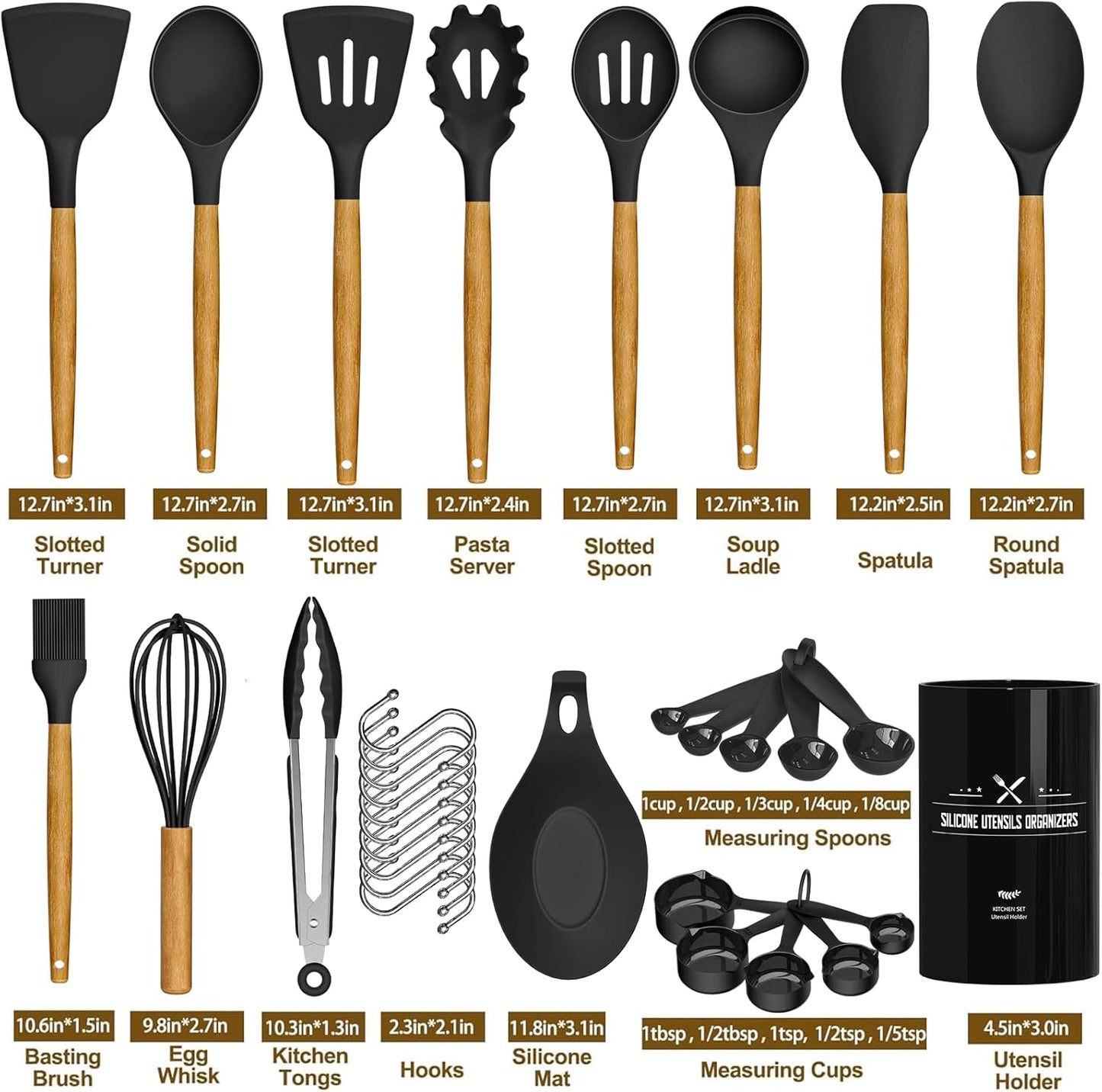 Umite Chef Kitchen Cooking Utensils Set, 33 pcs Non-Stick Silicone Cooking Kitchen Utensils Spatula Set with Holder, Wooden Handle Silicone Kitchen Gadgets Utensil Set (Khaki) - PuriLite