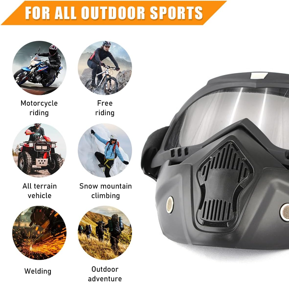 povtii Motorcycle Goggles, Windproof Dirt Bike Helmet Riding Goggles with Removable Face Mask, Motorcycle Accessories - PuriLite