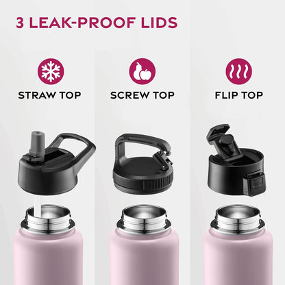 FineDine Water Bottle - Stainless Steel Insulated Water Bottle with Straw Lid, Flip Lid & Wide-Mouth Cap - Keeps Hot and Cold - 25 Oz / 739ml - Pure Pearly White - PuriLite