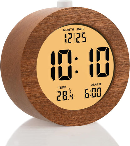 Plumeet Wooden Digital Alarm Clock for Bedrooms, Wood 4'' Battery Powered Alarm Clock with Snooze and Nightlight, Electronic LCD Desk Clock Display Time, Date, Temp, 12/24H, Wood Décor (Sapele, 3.2'') - PuriLite