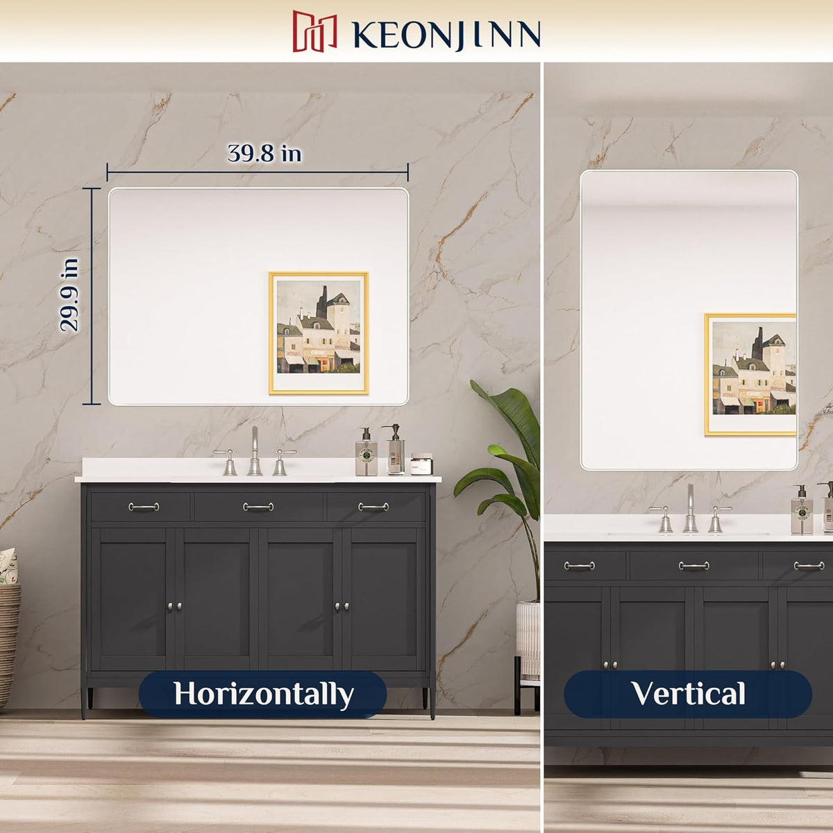 Keonjinn 42 x 36 Brushed Nickel Bathroom Vanity Mirror, Large Rounded Rectangle Bathroom Mirrors for over Sink, Metal Framed Silver Mirror for Wall, Shatterproof HD Tempered Glass(Horizontal/Vertical) - PuriLite