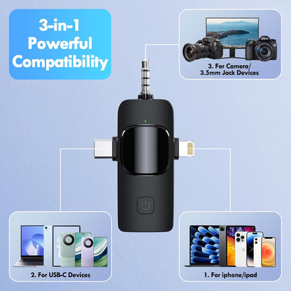 3 in 1 Wireless Lavalier Microphone for iPhone iPad Android Camera USB-C, Mini Microphone with Noise Reduction, Plug-Play Wireless Microphone for YouTube, Video Recording, Interviews, TikTok, Vlog - PuriLite