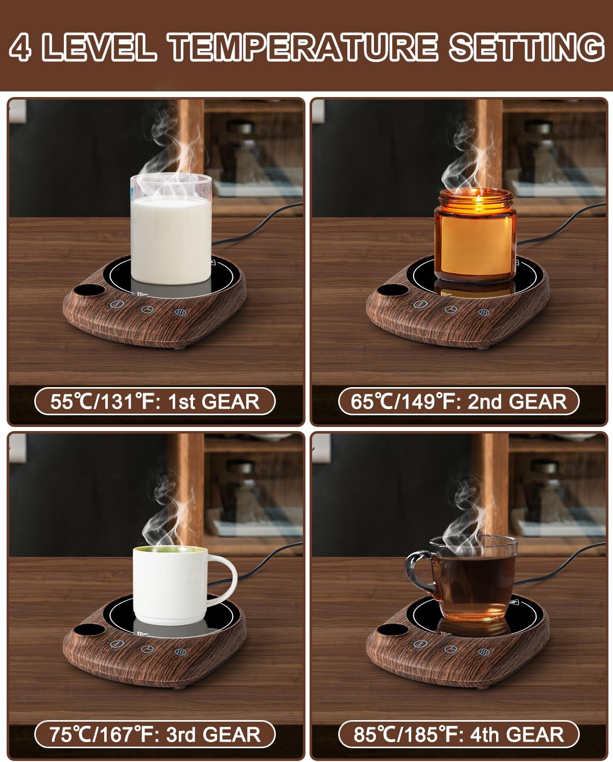 MYMULIKE Mug Warmer, Coffee Mug Warmer for Desk with 4 Temperature Settings (55℃/65℃/75℃/85℃), Coffee Warmer with Auto Shut Off, 1-12 Hour Timer, Desk Accessories for Office/Home - PuriLite