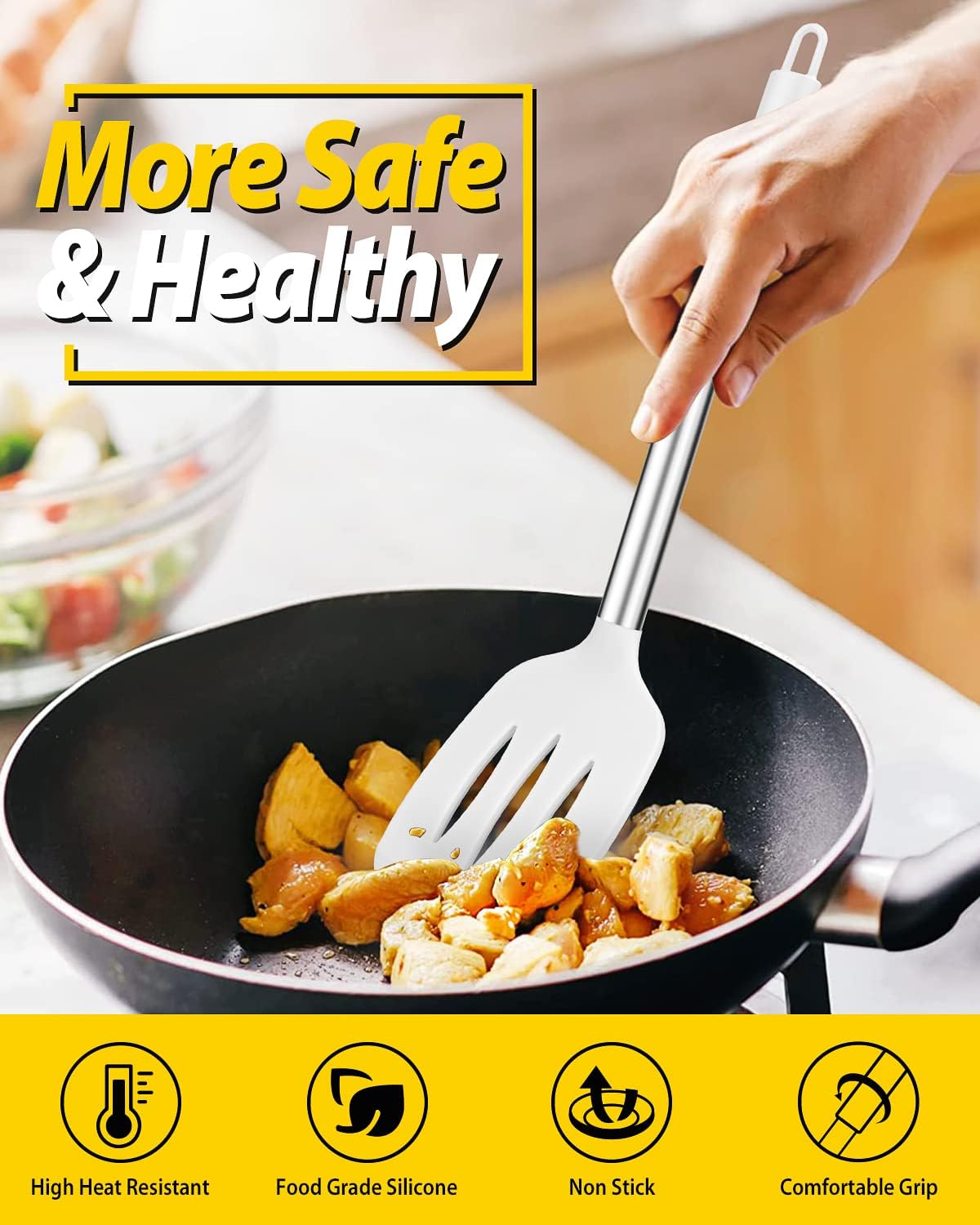 Pack of 2 Silicone Slotted Spatula,Non Stick Solid Kitchen Turner, High Heat Resistant BPA Free Cooking Utensils for Fish, Eggs, Pancakes（Black - PuriLite