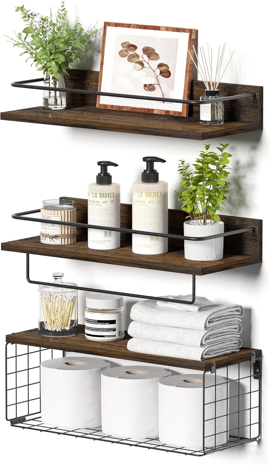 Bathroom Shelves with Wire Storage Basket, Wood Wall Mounted Floating Shelves Over Toilet Paper Holder with Towel Bar for Bedroom, Living Room, Kitchen and Bathroom - PuriLite