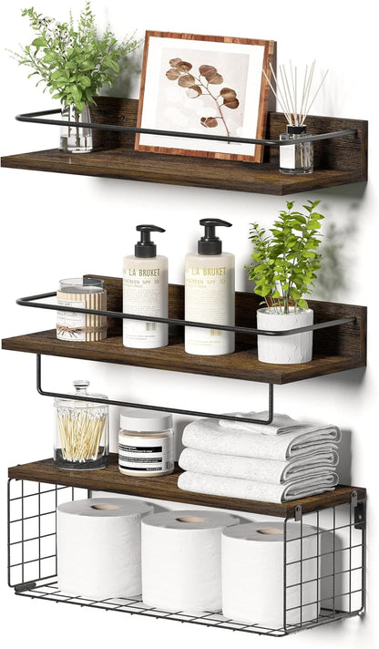 Bathroom Shelves with Wire Storage Basket, Wood Wall Mounted Floating Shelves Over Toilet Paper Holder with Towel Bar for Bedroom, Living Room, Kitchen and Bathroom - PuriLite