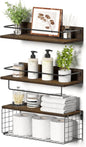 Bathroom Shelves with Wire Storage Basket, Wood Wall Mounted Floating Shelves Over Toilet Paper Holder with Towel Bar for Bedroom, Living Room, Kitchen and Bathroom - PuriLite
