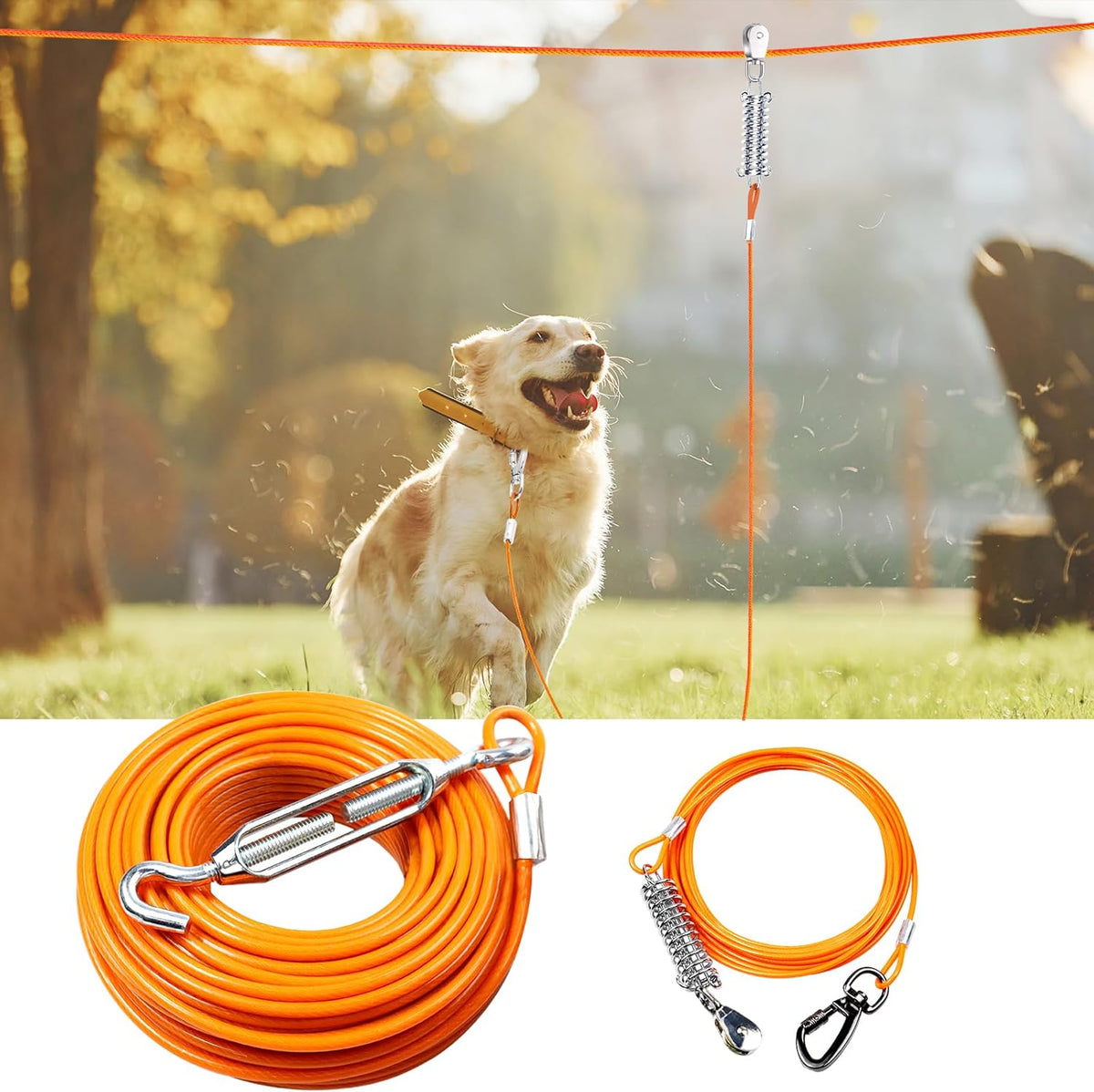 Snagle Paw Dog Tie Out Runner for Yard,Trolley System for Large Dogs,Heavy Duty Dog Run Cable with 10ft Pulley Runner Line for Dogs Up to 125lbs,Yard or Camping,75ft - PuriLite