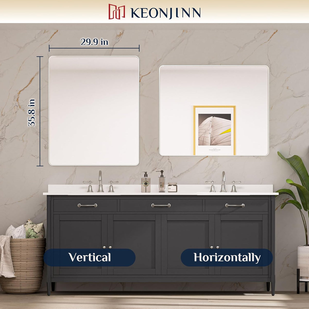 Keonjinn 42 x 36 Brushed Nickel Bathroom Vanity Mirror, Large Rounded Rectangle Bathroom Mirrors for over Sink, Metal Framed Silver Mirror for Wall, Shatterproof HD Tempered Glass(Horizontal/Vertical) - PuriLite