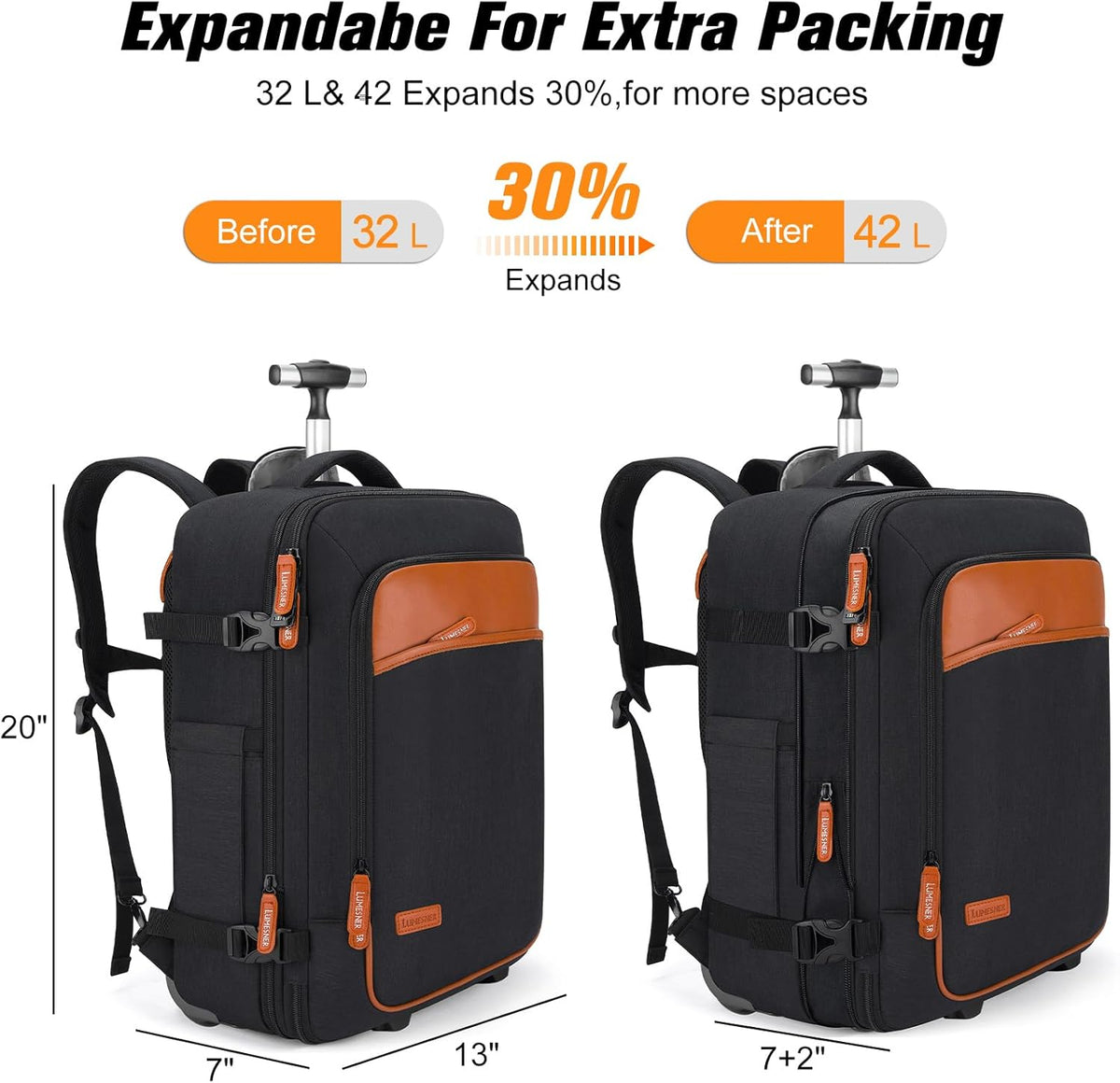 Lumesner Carry on Backpack, Extra Large 40L Flight Approved Travel Backpack for Men & Women - PuriLite