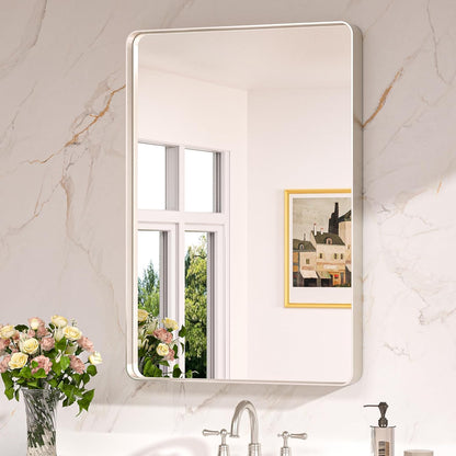 Keonjinn 42 x 36 Brushed Nickel Bathroom Vanity Mirror, Large Rounded Rectangle Bathroom Mirrors for over Sink, Metal Framed Silver Mirror for Wall, Shatterproof HD Tempered Glass(Horizontal/Vertical) - PuriLite
